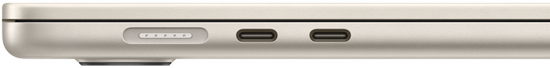 Port MagSafe situé du côté gauche, le plus en arrière sur l'appareil. Deux ports Thunderbolt situés du côté gauche, devant le port MagSafe