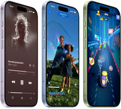 Plusieurs iPhone 17, face avant, côté, présentant Apple Music, une lecture vidéo, des jeux vidéo, boutons : Action, réglage du volume