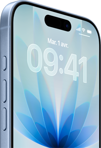iPhone 17, face avant, couleur brume, Dynamic Island centré, boutons : bouton action, réglage du volume