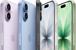 iPhone 17, face avant, face arrière, côté, cinq couleurs : lavande, brume, noir, blanc et sauge.
