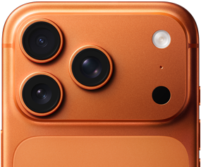 iPhone 17 Pro, orange cosmique, vue partielle de la face arrière, système caméra pro dans le coin supérieur gauche, 3 objectifs, micro, flash