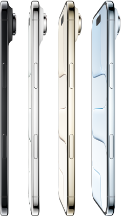 iPhone Air, côté, quatre finitions disponibles, bleu ciel, or clair, blanc nuage, noir sidéral, profil très fin, système caméra Fusion, boutons : latéral, Commande de l’appareil photo