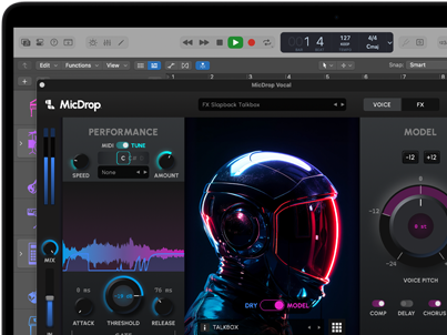 Contenu d’écran montrant le logiciel MicDrop utilisant des fonctionnalités d’IA pour monter un enregistrement vocal sur un MacBook Pro